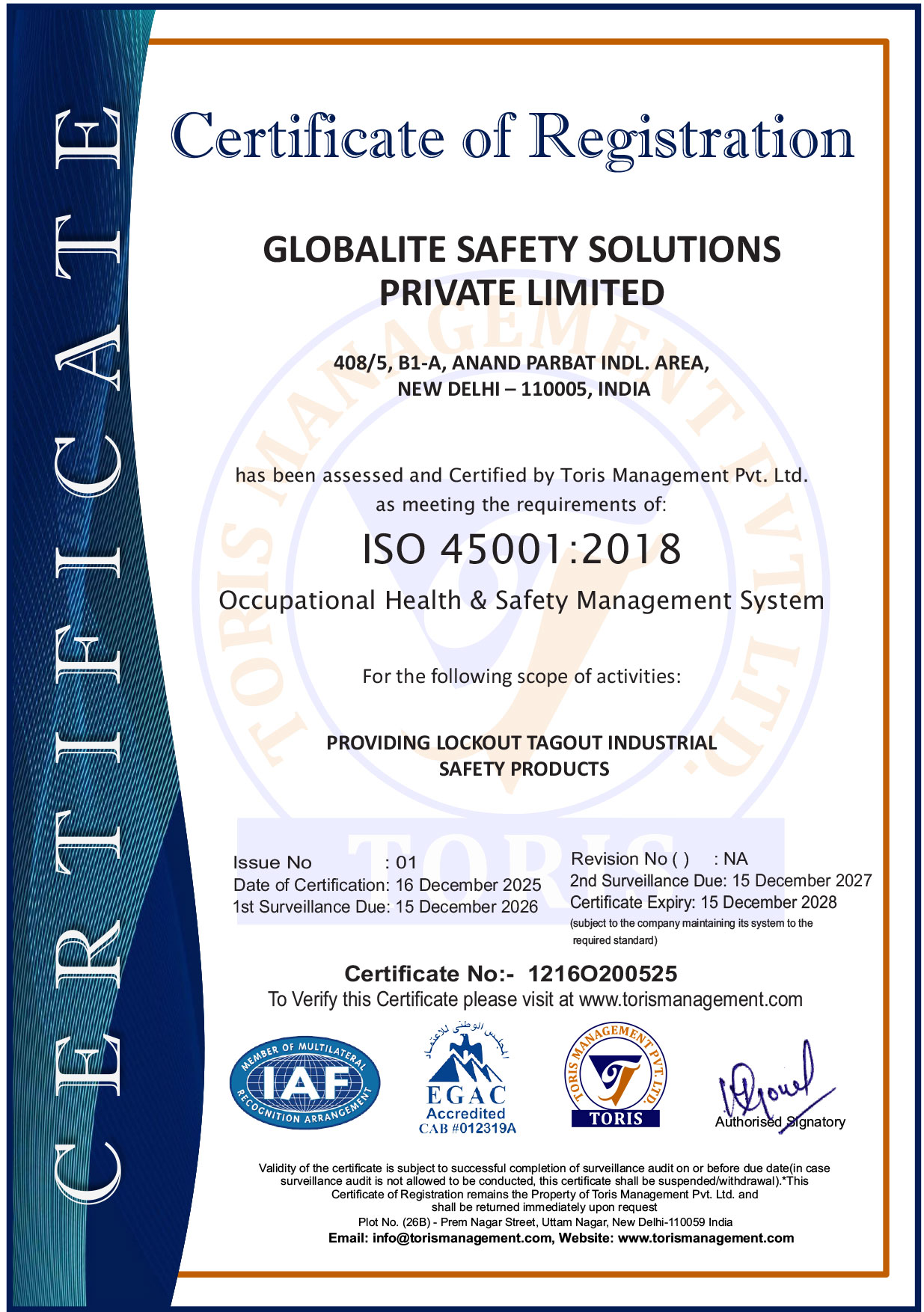 ISO 45001:2018 Certificate - Globalite Safety Solutions